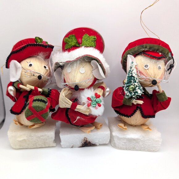 Vintage KURT ADLER Christmas Ornament Corn Husk Mice Trio, Corn Husk Mouse
